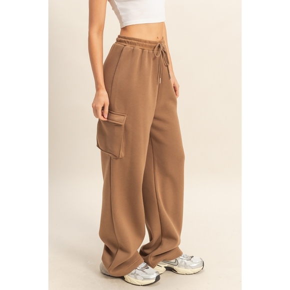 Mocha Cotton Terry Wide Leg Cargo Sweatpants - Picture 2 of 5
